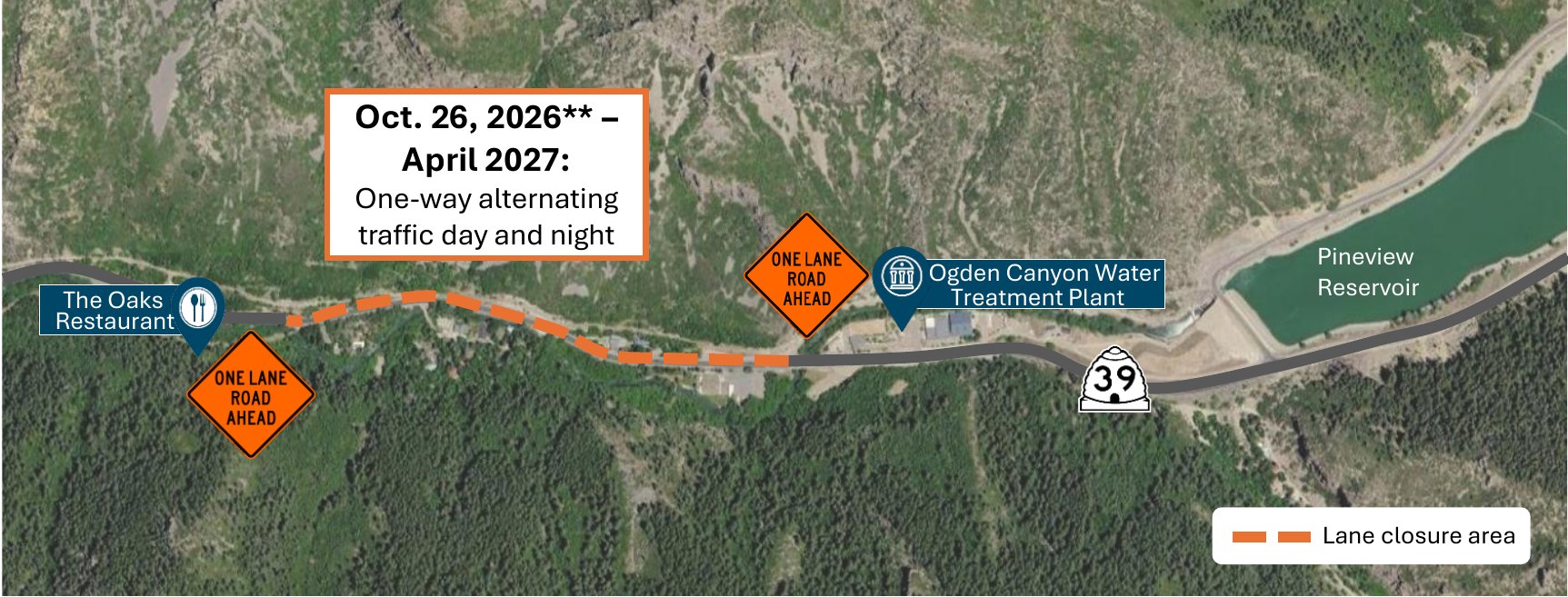 Aerial map of SR-39 in Ogden Canyon showing the lane closure area between The Oaks Restaurant and the Ogden Canyon Water Treatment Plant, with one-lane road ahead signs